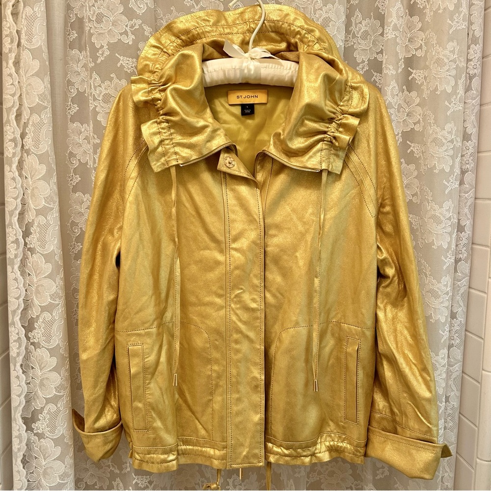 ST. JOHN * NWOT Watercress Metallic Gold Leather Jacket